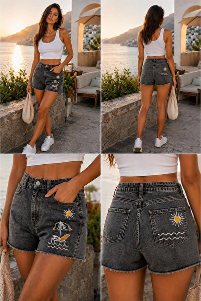 sion jeans Women's Black Snow Wash High Waist Beach Embroidered Casual Denim ...