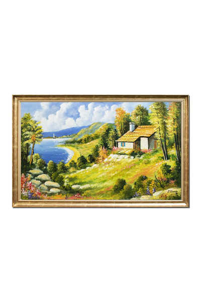 artnova Κορνιζαρισμένος πίνακας με καλοκαιρινό τοπίο με θέα στη λίμνη, ζωγραφ...