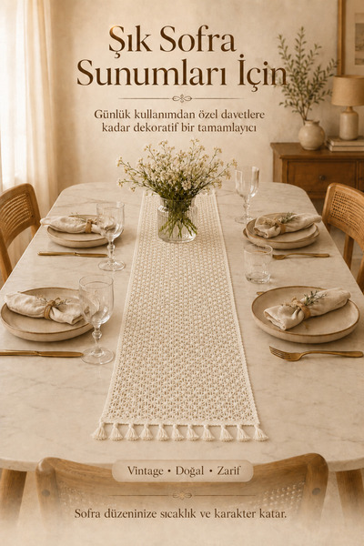 Morlay Vintage Knitted Runner with Tassels Natural Bohemian Tablecloth Decora...
