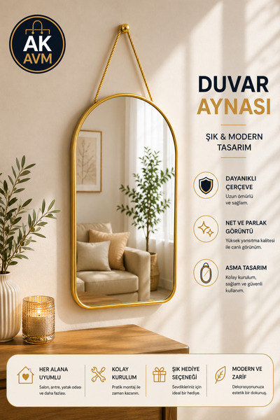 Ak Avm 40cm Modern Askı Detaylı Dekoratif Ayna
