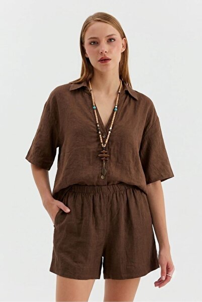 Nish&Chic Beli Lastikli Basic Keten Şort
