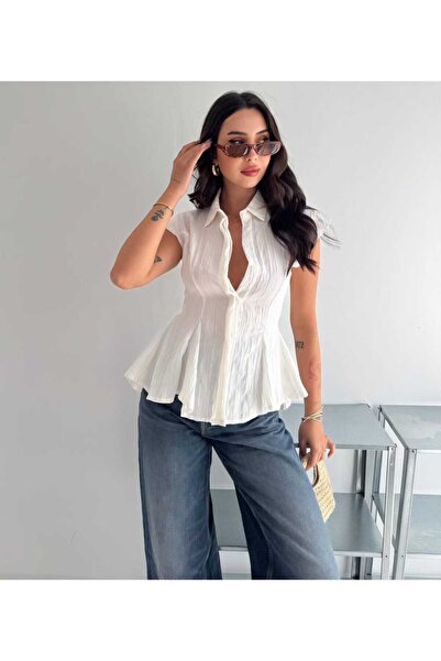 Budan Export Women's Striped Waist Flounce Peplum Buttoned Short Sleeve Summe...