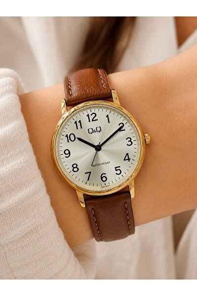 Q&Q Women's Wristwatch Gold Color Case Leather Strap Casual and Stylish Combi...