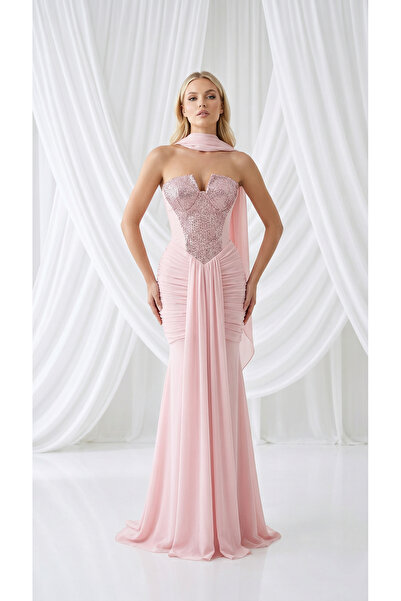 holie dress STRAPLEZ DRAPELİ ŞİFON UZUN ABİYE ELBİSE