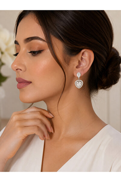 Generic Earring or Earrings in Silver Color with Crystal in the Shape of Heart