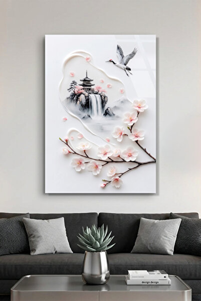 Vitraum Minimalist Mürekkep Stili Japon Pagoda ve Uçan Turna Cam Tablo