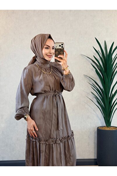 Aişe modaa 3753 فستان منقوش ذاتي الصنع باللون الرمادي
