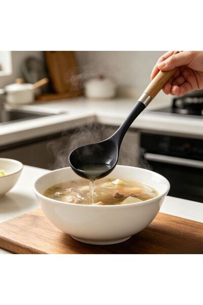 Re Silicone soup spoon with wooden handle 37 cm, heat-resistant, compatible w...