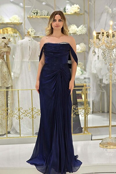 Yonca Moda Evi Lacivert Taşlı Drapeli Abiye 6615