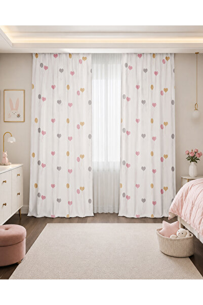 HOMESSA Pembe Kalpli Balon Desenli Çocuk Odası Çift Kanatlı Fon Perde