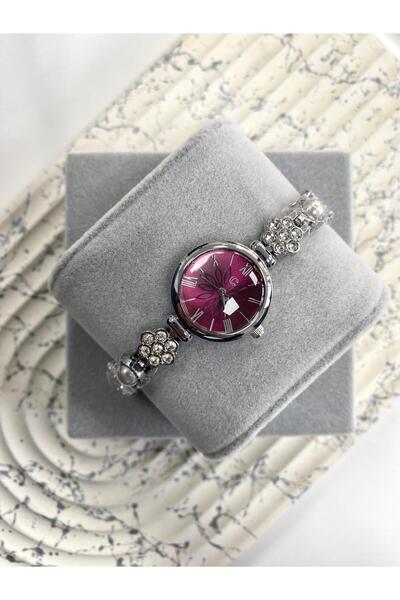 Mazzy Lotus Stone Cord Silver Claret Red Dial Women's Wristwatch