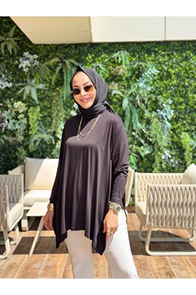 ALANURMODA 24278 Χτενισμένο βαμβακερό τουνίκ με σκισίματα στα πλαϊνά, μαύρο