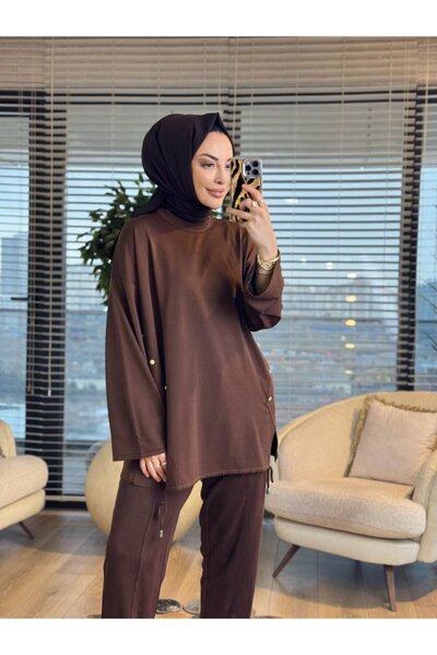 Yasemen 44214 تونيك تريكو مع قطع جانبية باللون البني