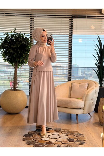 ALANURMODA 14455 Sleeve Pocket Staple Detail Skirted Suit Beige