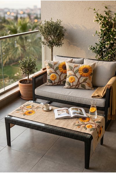 Softifyhome Sunflower Patterned Runner and 2-Piece Throw Pillow Cover Set |   Double-Sided Digital Printing |   Raschel Fabric |   Balcony and Living Room Decoration
