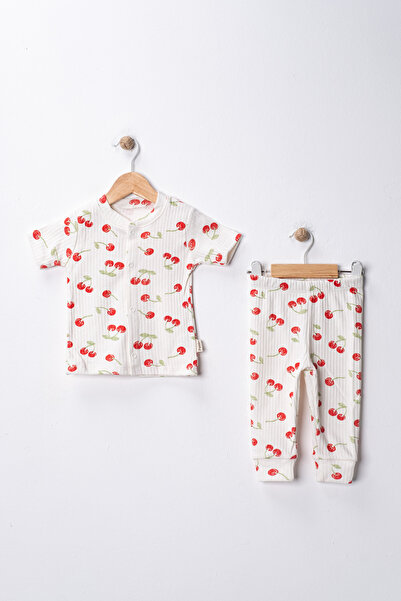 Noone Cherry Patterned Snap Fastener Baby Top and Bottom Set 100% Cotton Inte...