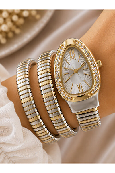 Weluxa Snake Bracelet Watch Gold-Silver Double Color Women's Stylish Design G...