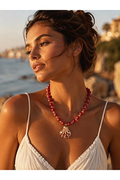 Solare Accessories Doğal Yeşim Taşlı Deniz Kabuğu Kolye – Altın Kaplama Detay...