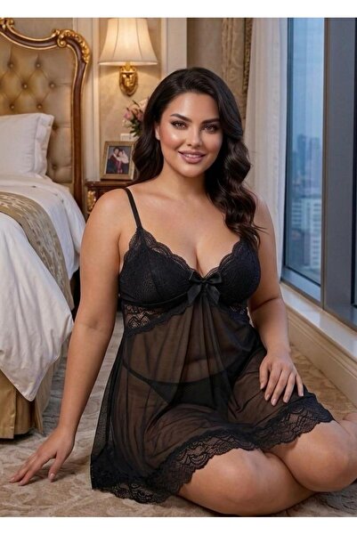 Viselya Plus size nightgown set with bow detail and lace tulle