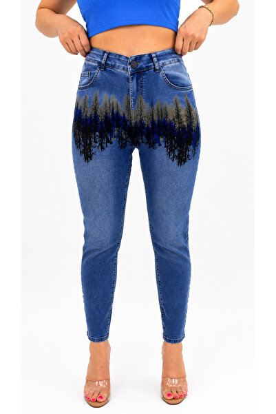 ZANESSİ FASHION Plus Size Printed Denim Women's Trousers