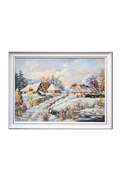 artnova Ръчно рисувана рамкирана картина на зимен пейзаж, 80x60 см, маслена н...