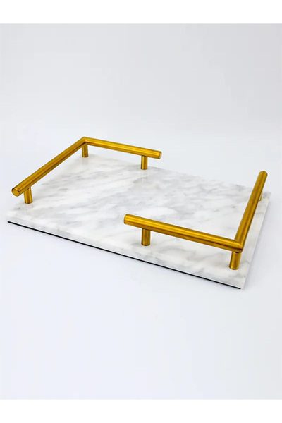 Adeem White*Silver Marble Square Tray with Large Gold Handles 30*20