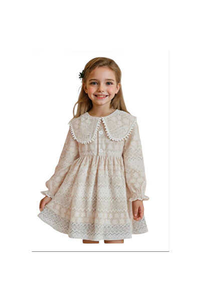 OEM Rochie fetite, maneca lunga, dantela florala, crem pastel, 110-116 cm