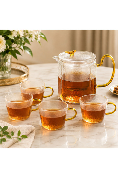 Dania Glass Teapot Set with 4 Glass Cups - Elegant Gold Handles - Infuser & L...