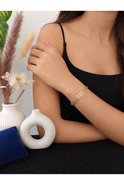 Gold Oval Taş Detaylı Kadın Bileklik
