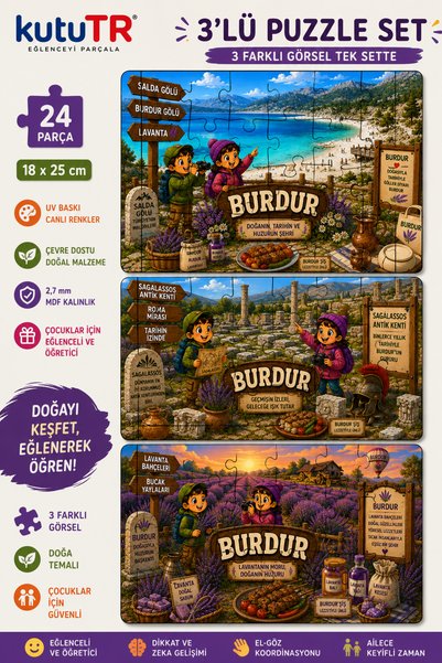 kutuTR Burdur Hatıra Ahşap Puzzle Seti 24 Parça 18x25 cm Eğitici Çocuk Puzzle 3’lü Set
