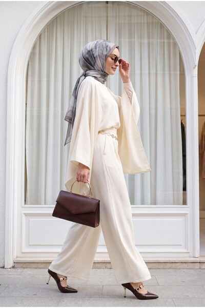 Modamorfo Asymmetrical Cut Wide Sleeve Belted Modal Suit with Wide Leg Pants ...