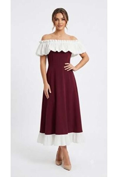 unbranded Women's Burgundy Off-Shoulder Midi Dress with Pleated White Ruffle