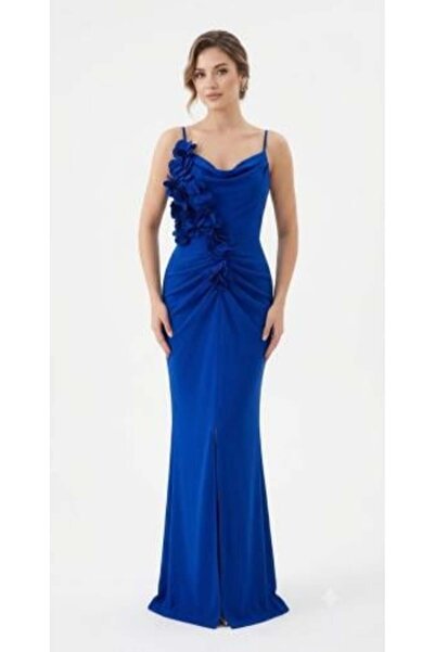 unbranded Women's Royal Blue Evening Dress with Cowl Neck and 3D Floral Appliqué