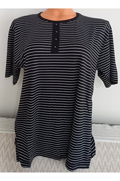 Anne Er Clothing Summer Combed Cotton Blouse Short-Sleeve O-Neck Black Stripe