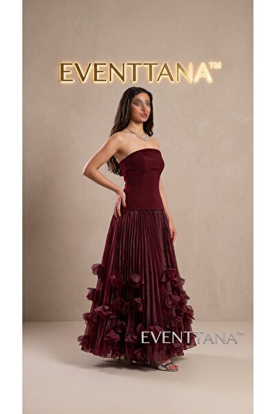 EVENTTANA Burgundy Long Pleated Evening Dress |   Evanitana