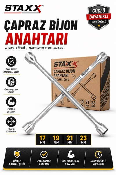 STAXX POWER Çapraz Bijon Anahtarı 17-19-21-23 mm | Ağır Hizmet Çelik Bijon Sö...