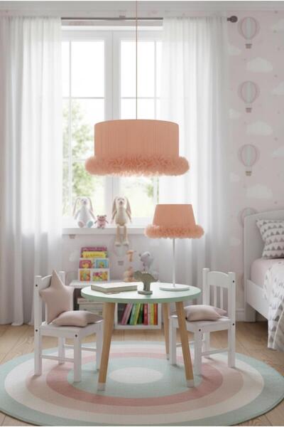 Elizim Home Lighting Tütü Fırfırlı Yavruagzı Dekoratif Avize Masa Lambası takım