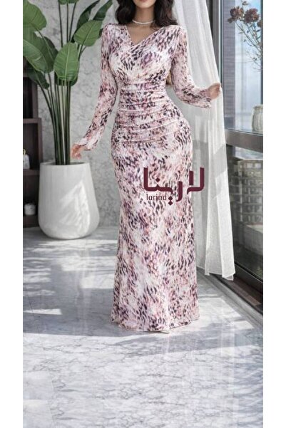 GENBREE Elegant draped floral maxi dress with long sleeves