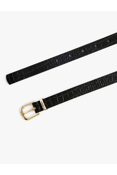 Koton Crocodile Look Faux Leather Metal Buckle Belt