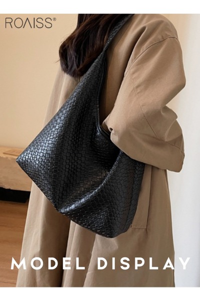 ROAISS Women's PU Leather Woven Texture Tote Bag, Casual Versatile Retro Fash...