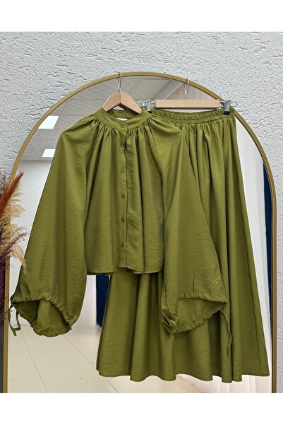 MİHRA STORE Yağmurnur Gathered Collar Lace-Up Skirt Suit-Ek625 Oil Green