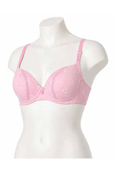 Generic Pink Bra with Floral Pattern and Lace, Size 58 |   Unique Floral Desi...