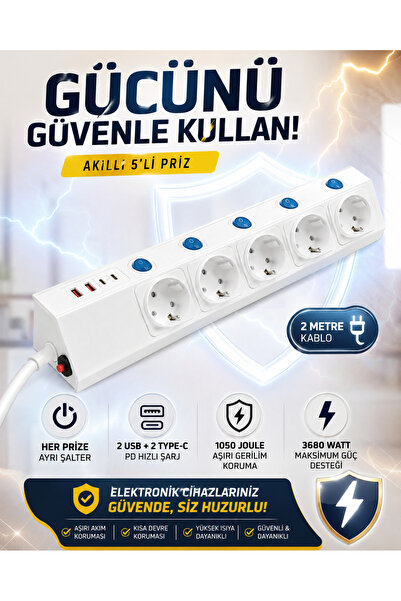 asua 5'Li Grup Priz Her Prize Ayrı Şalter 2 USB 2 Type-C PD Hızlı Şarj 3680W ...