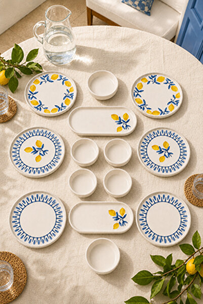 Papart Mavi Limon 14 Parça 6 Kişilik Handmade Stackable Seramik Tabak Seti Pr...