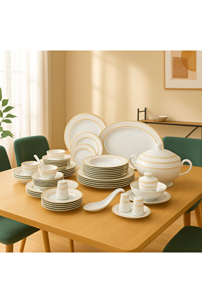 Dania Porcelain Dinner Set 49 Pieces White Color with Silver Decal for 6 Pers...