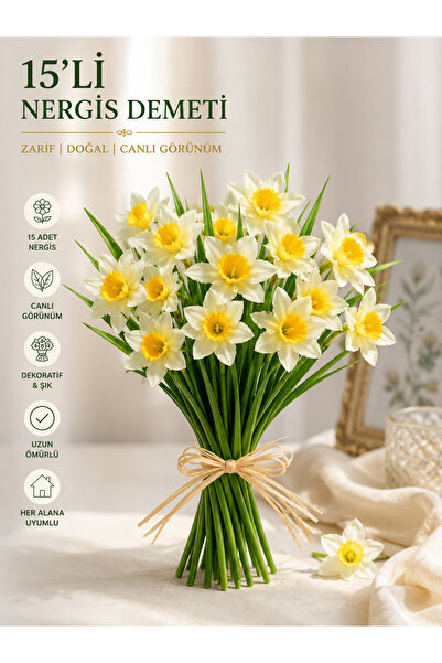 Doğahome 15'li Yapay Nergis Demeti – Gerçek Dokulu Beyaz Sarı Dekoratif Nergi...