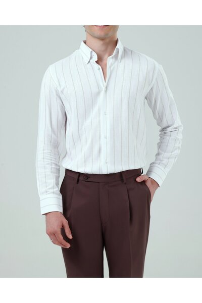 TerziAdemAltun Italian Style Men's Safari Button-Down Collar Striped Linen Sh...