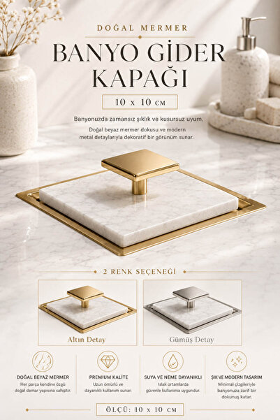 Anadolu Saray Doğal Mermer Banyo Gider Kapağı 10x10 cm Paslanmaz Çelik Detayl...