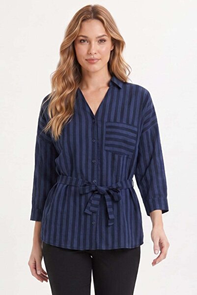 Tudors Women's Oversize Wide Cut Long Sleeve Cotton Belted Waist Striped Pock...