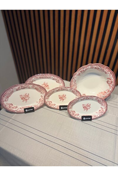 PORSER 5 Piece Velour Maroon Salad Boat Set Porcelain